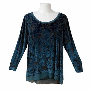 Simply Vera Wang Women’s Sz XL Teal Blue Black Burnout Velvet Long Sleeve Top